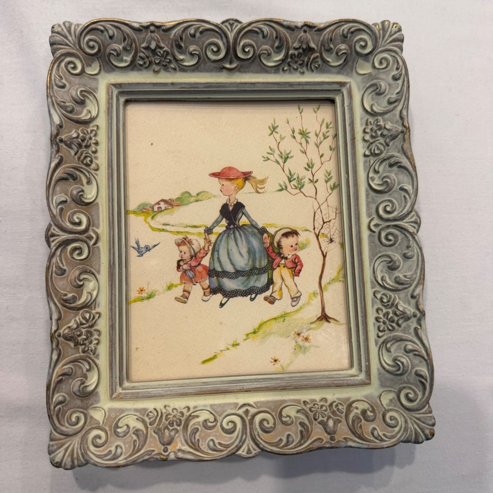 Vintage Ornate Framed Illustration Countryside Walk Woman and Children Decor